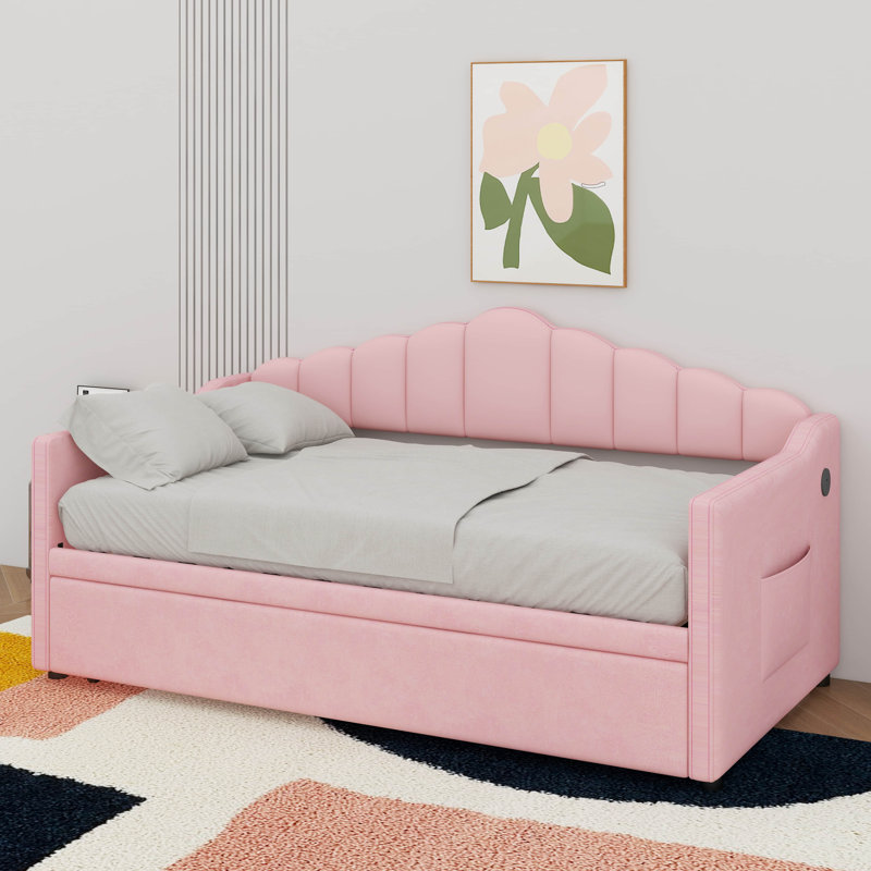 Lit de jour rembourré simple avec couchette escamotable réglable en hauteur et port de charge USB et Type-C, Rose