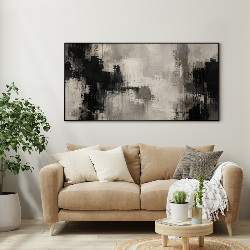 Très grand art mural imprimé sur tissu - Gris verdâtre et noir, composition abstraite, composition de salon moderne - «Assemblage requis du cadre (cadre non fini)»