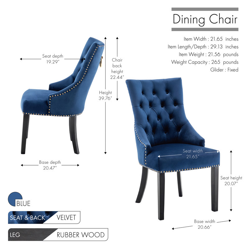 Dejavu Tufted Velvet Dining Chair with Rubberwood Legs, Blue Velvet