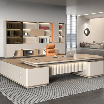 Bureau de direction en L 86,61 "de couleur naturelle et beige, 2 tiroirs avec une combinaison