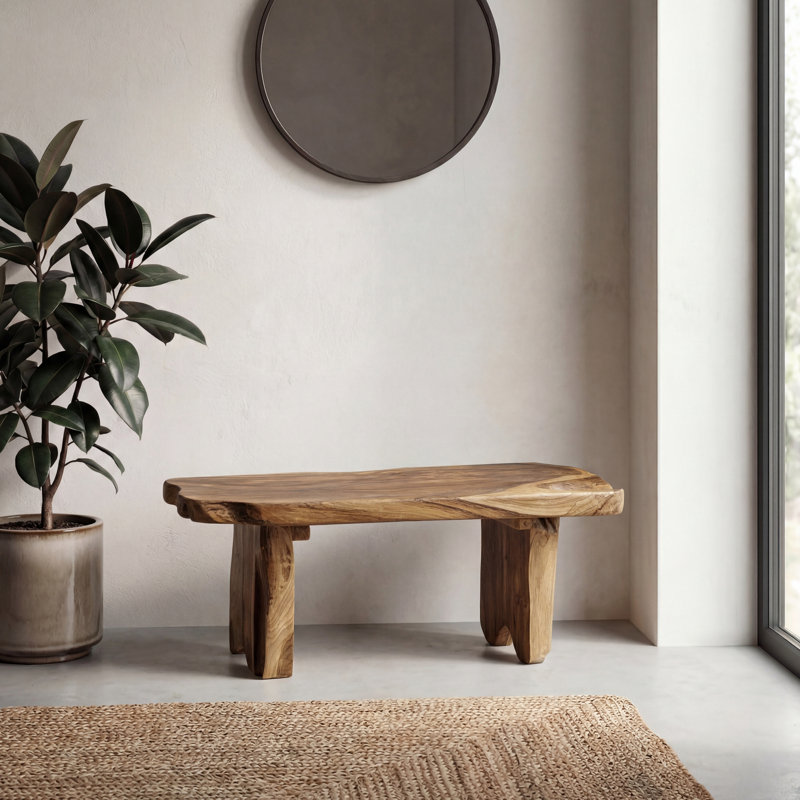 Stumpy Rustic 35" Solid Teak Wood Live Edge Entryway Bench, Natural Finish Backless & Armless Accent Seat for Living Room, Hallway & Bedroom