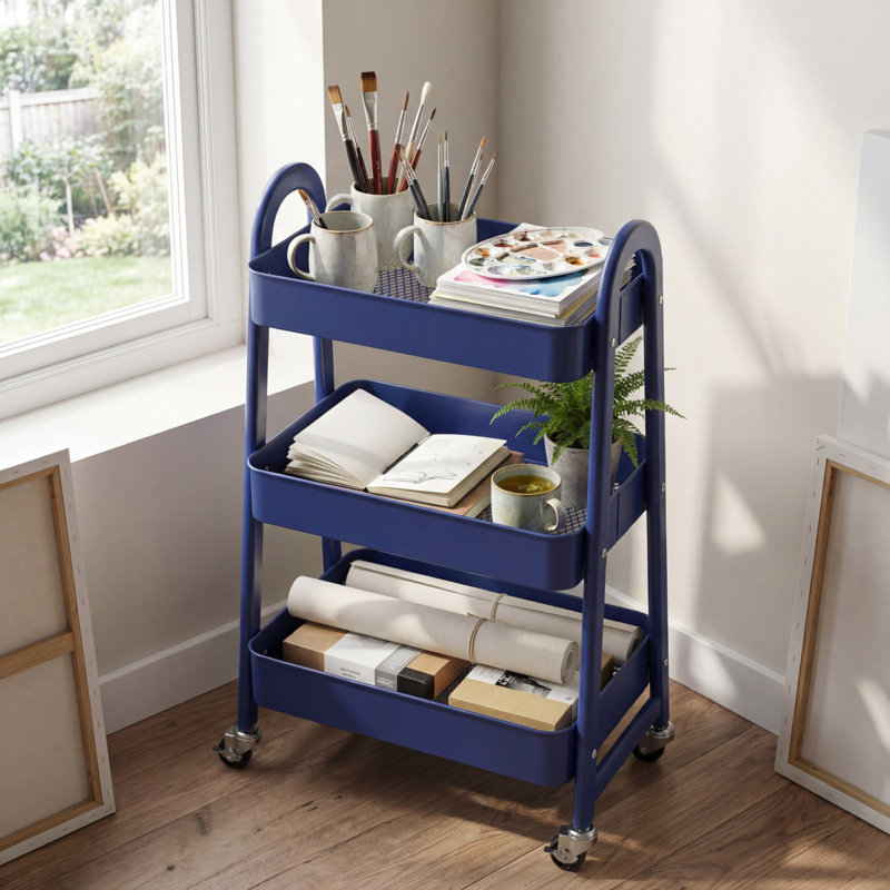 3-Tier Rolling Utility Cart with Locking Wheels, Metal Storage Organizer, Blue