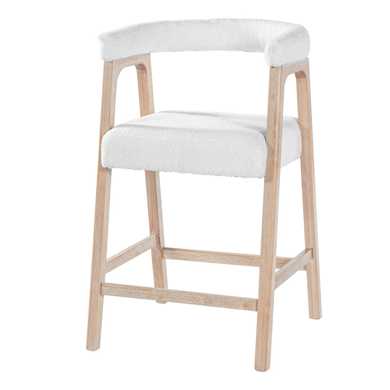 Elmcrest 26'' Seat Height Modern Mid-Century Upholstered Counter Stool with Backrest, White Cushion/Natural Frame