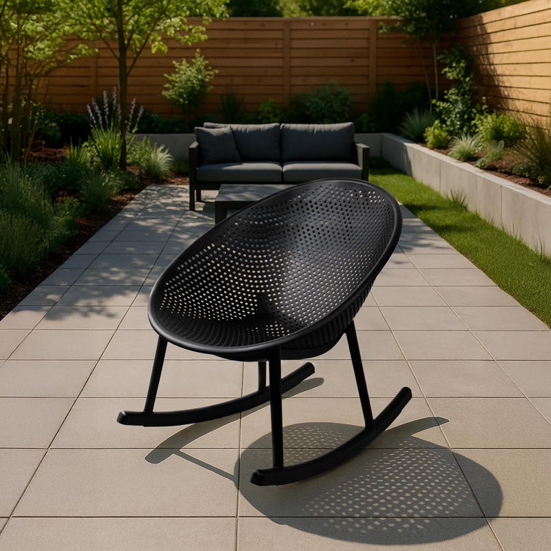 Chaises berçantes de patio industrielles modernes, chaises berçantes en forme d'œuf et chaises d'extérieur d'intérieur en plastique toutes saisons avec design perforé respirant pour la terrasse, le balcon, la véranda et le bord de la piscine, noir