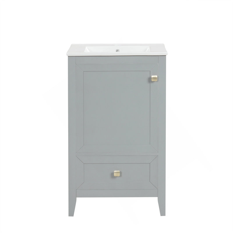 Meuble-lavabo de 20 po avec lavabo, armoire de salle de bain avec porte à fermeture douce, support de rangement et tiroir, gris