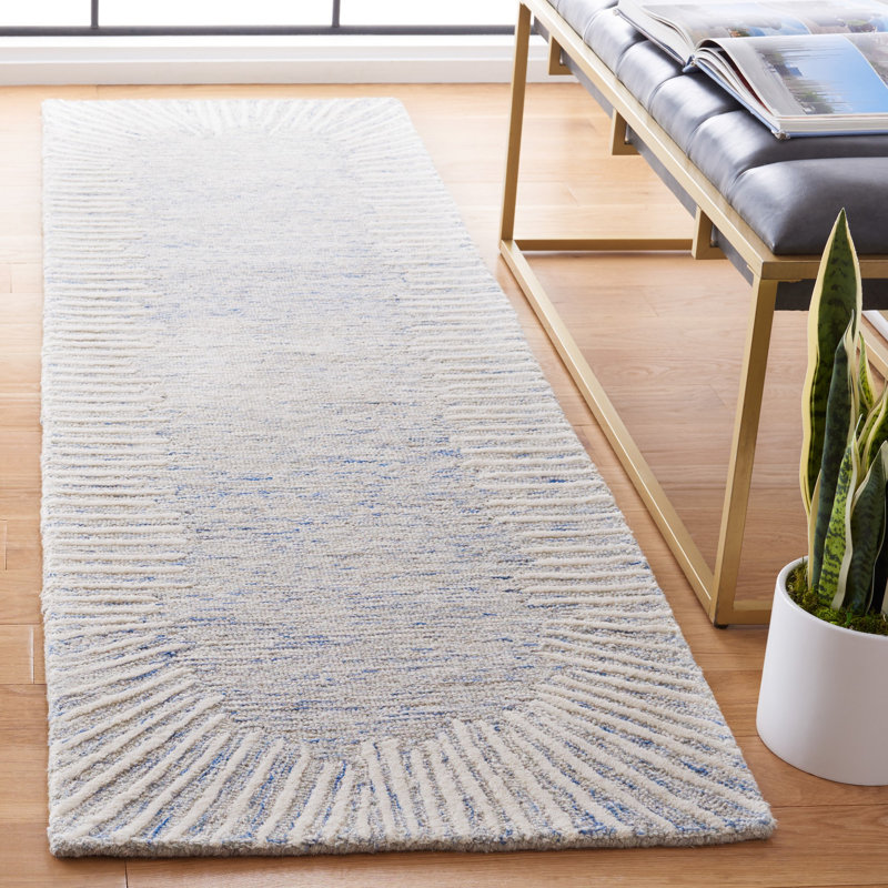 Tapis bleu / ivoire en laine / coton touffeté à la main Antonitte, Tapis de couloir 2 pi 3 po x 12 pi