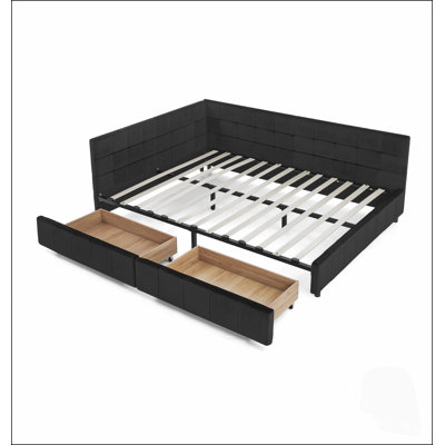 Lit Queen capitonné avec rangement intégré, canapé-lit avec dossier et accoudoirs confortables pour la chambre et le salon