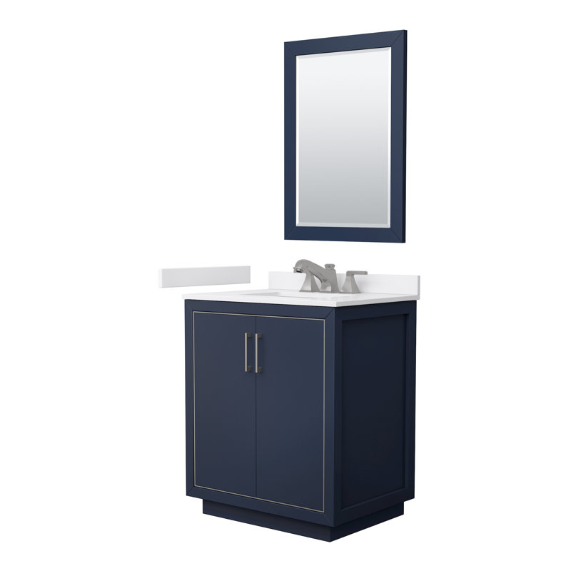 Meuble-lavabo simple autoportant 30 po avec plateau en marbre Icon, Bleu, Nickel brossé, Marbre de culture blanc