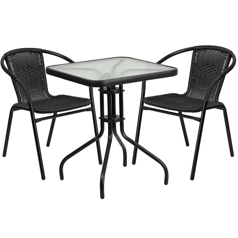 Boswell 23.5" Square Glass Metal Table with 2 Rattan Stack Chairs