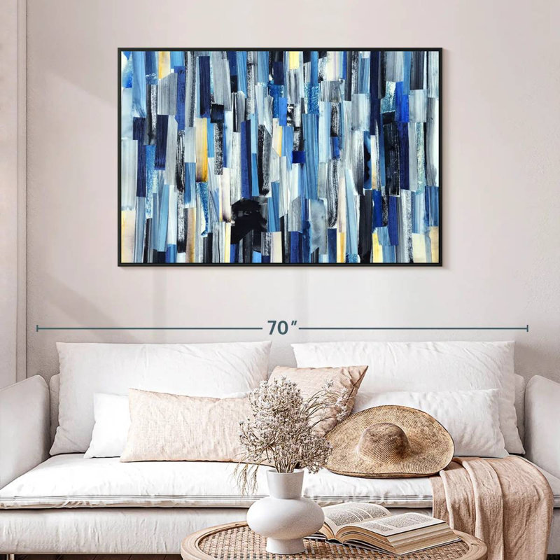 Striped Blue Abstract, 46" X 31", Floating Frame Black