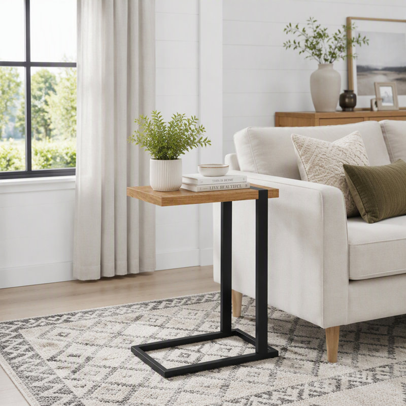 Contemporary C-Shaped Accent Table with Mango Wood-Look Laminate and Metal, Perfect for Living Room or Bedroom