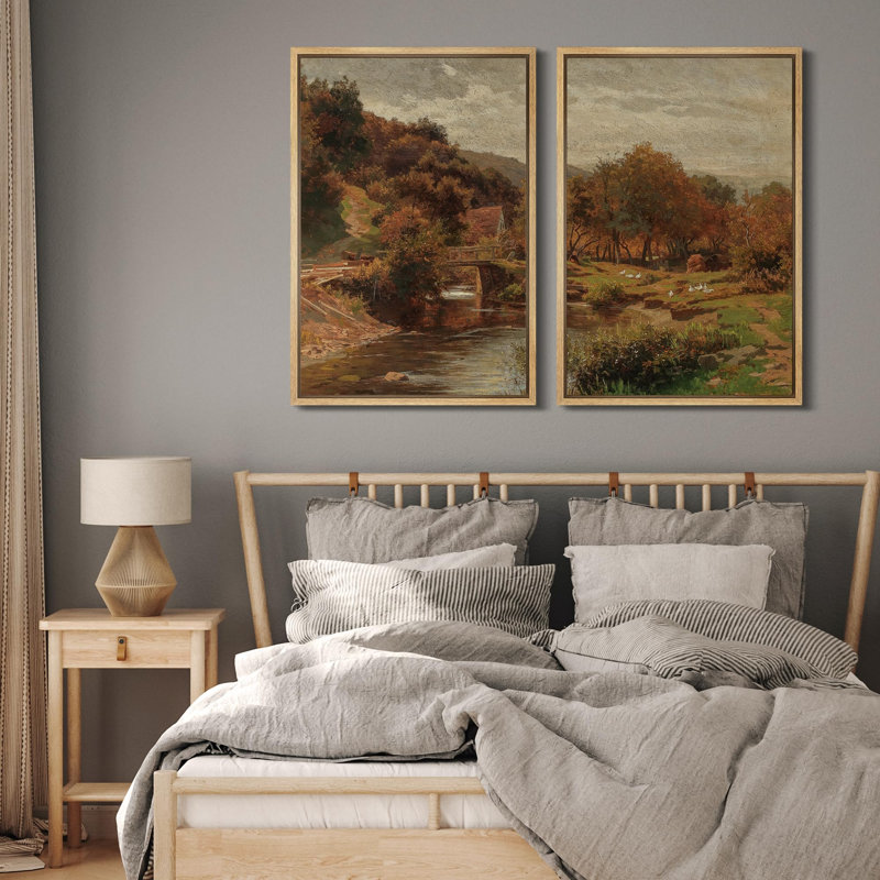 «Rustic Countryside & River Bridge Prints Pastoral Landscape Nature Wilderness Illustration Decor», 2 pièces, Encadré naturel