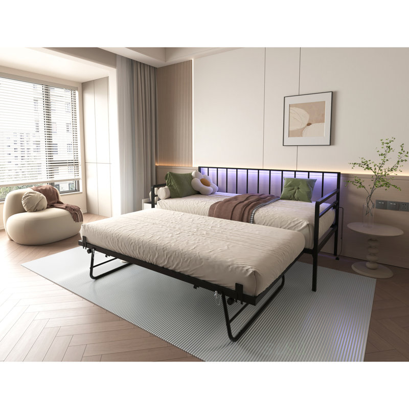 Twin Daybed With RGB LED Lights & Charging Station, Height Adjustable Day Bed Frame With Trundle, Versatile Metal Sofa Bed Frame For Bedroom, Living Room, Guest Room