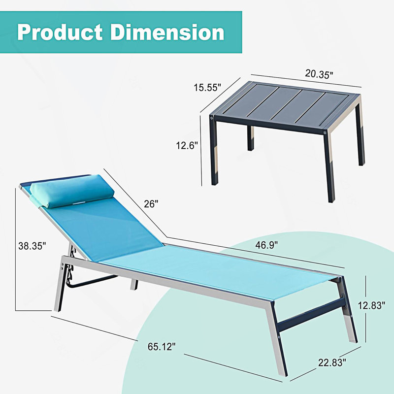 Patio Chaise Lounge Set, 3 Pieces Aluminum Adjustable Pool 2 Lounge Chairs+1 Table