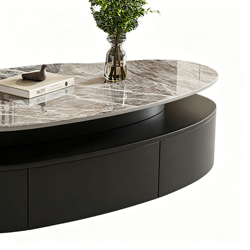 Table basse moderne et simple, Gray/Black, Marble, 13.18" H x 39.37" L x 19.68" W