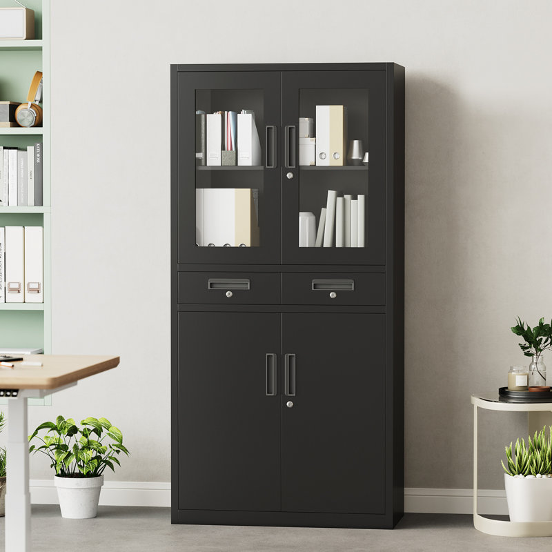 Armoire de rangement verrouillable en métal avec portes en verre - 71 pouces de hauteur, 2 tiroirs, 2 tablettes réglables, poignée encastrée, étanche, gestion des clés commerciale - noir
