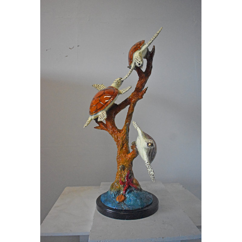 Bronze and Marble Three Turtles with Coral Statue