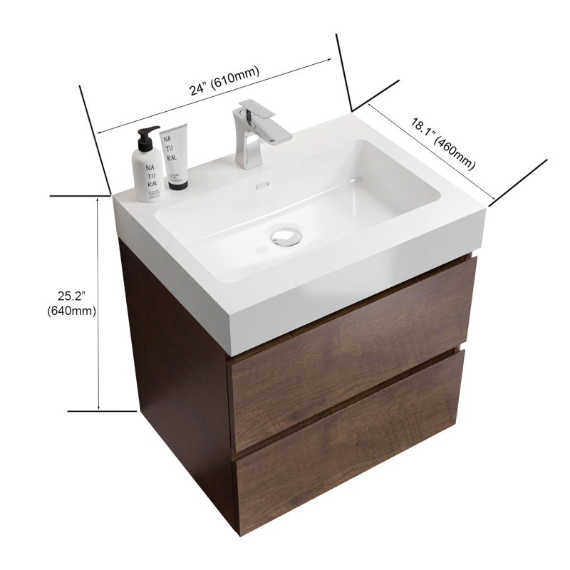 24 Inch Wall-Mounted Single Bathroom Vanity with Solid Surface Top with Overflow, Pre-Assembled, Walnut, 24", White