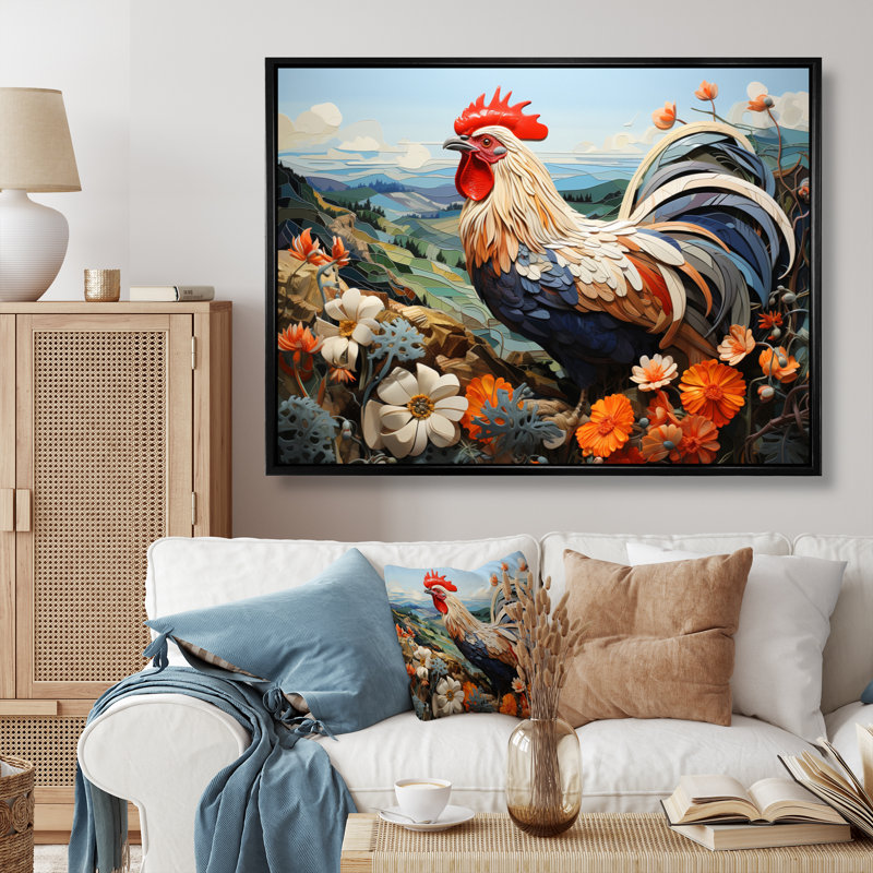 Portrait de coq avec des fleurs de montagne, 12" H x 20" W, Cadre flottant noir