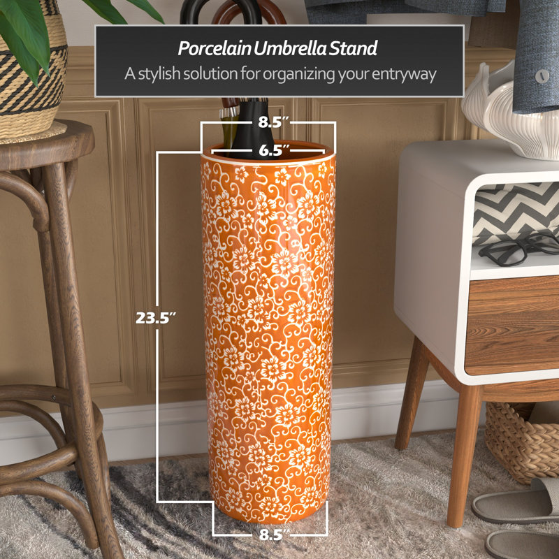 24" Bright Yellow Umbrella Stand, Orange Floral
