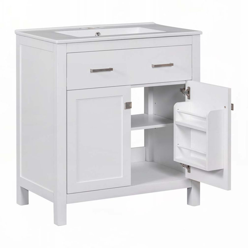 Ensemble de meuble-lavabo avec lavabo en céramique, tablette réglable et portes à fermeture en douceur, Blanc, Argent