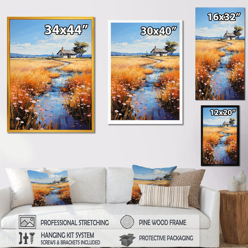 Meadow Cottage At The Pond 2 - Art mural paysage, Toile tendue, H 60 po x l 40 po