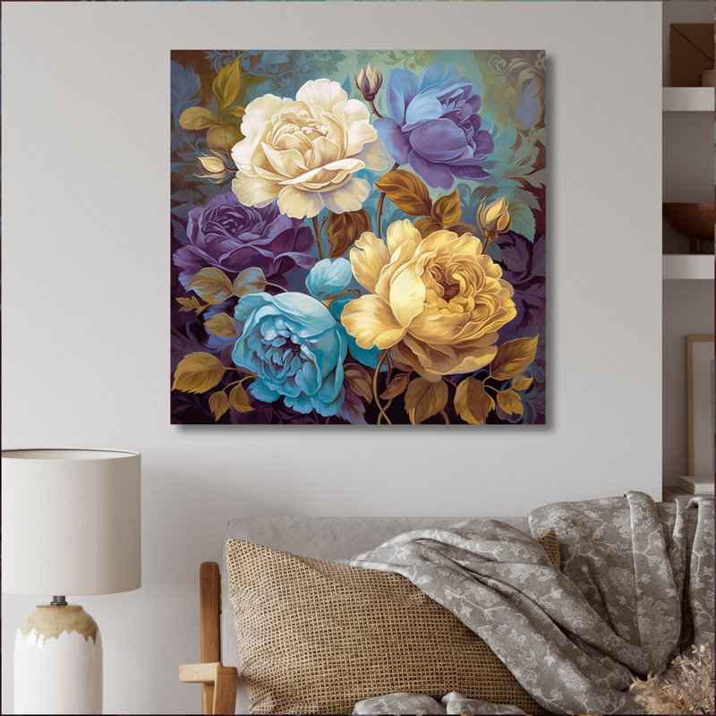 Roses rétro en fleurs, rose, bleu et blanc I - impression, H 30 po x l 30 po x P 1 po, Toile tendue