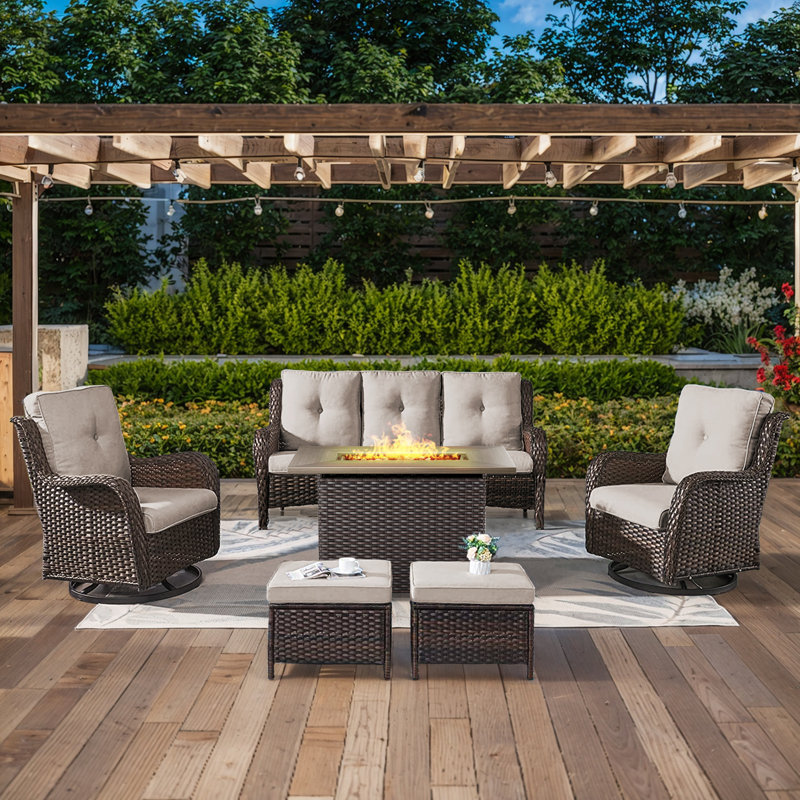 Deb 6-Pieces Outdoor PE Wicker Patio Conversation Set with Fire Pit, Ottomans and Cushions, Beige, Brown