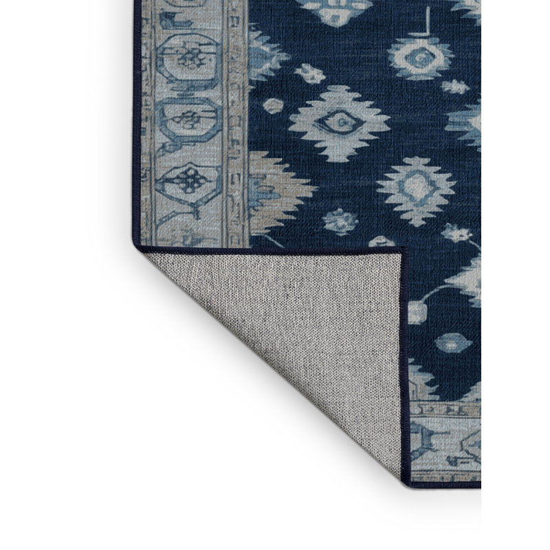 Tapis bleu lavé à la machine, Rond 7 pi