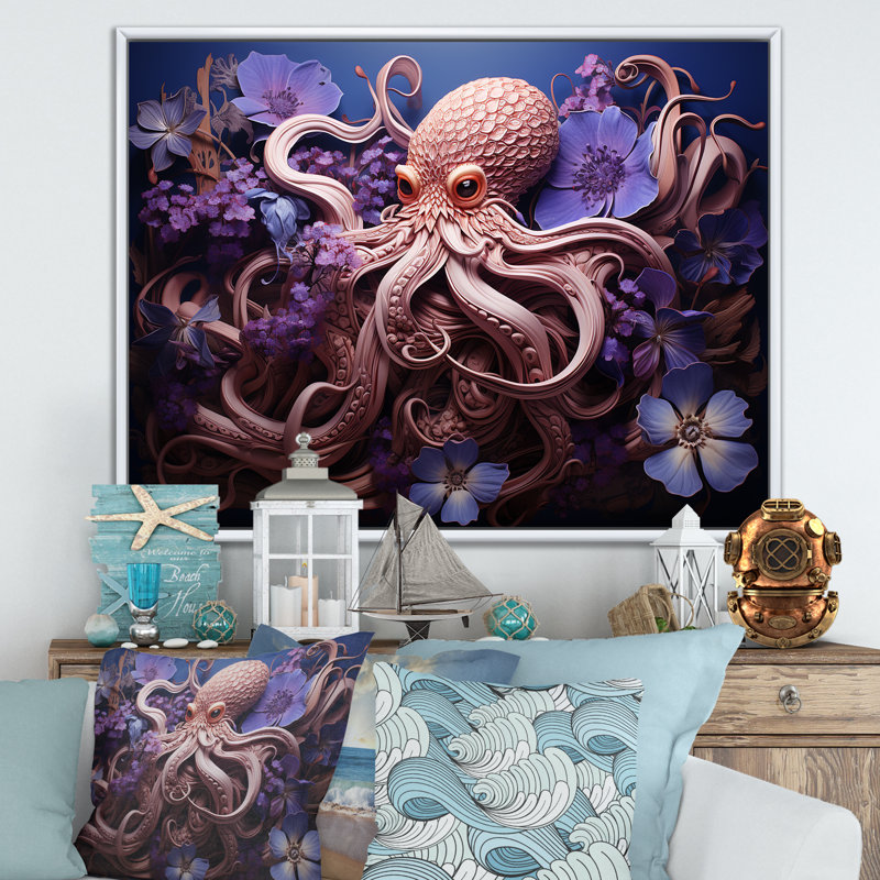 Mauve oasis de pieuvre II - art mural animaux côtiers, Cadre flottant blanc, H 16 po x l 32 po x P 1 po
