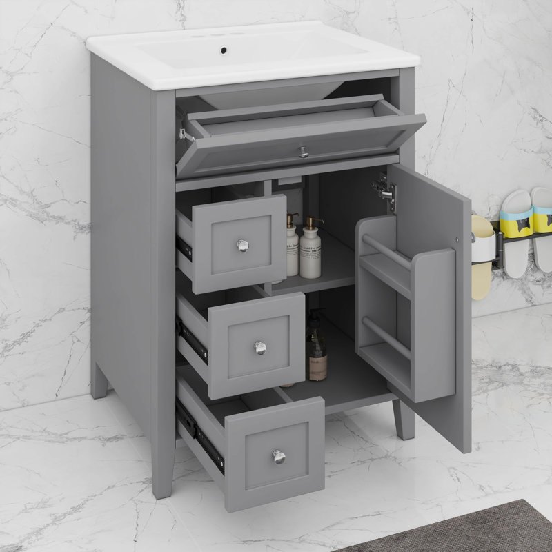 Meuble-lavabo 24 po avec lavabo, tiroirs et armoire avec tablettes réglables, Gris