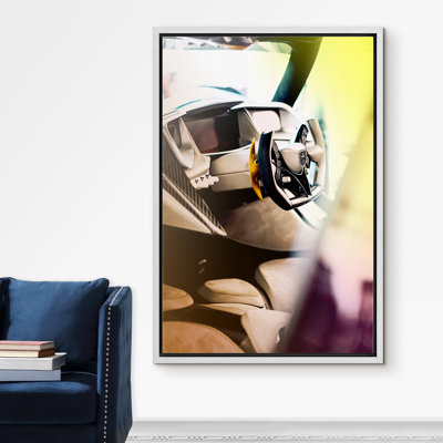 "Signature", impression sur toile encadrée, effet de bokeh, voiture de course, volant, voitures, illustrations, art moderne, urbain contemporain pour le salon, la chambre à coucher, le bureau - 24 po x 36 po - blanc