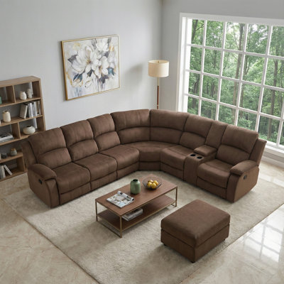 L-Shaped Brown Microfiber Modern Manual Reclining Sofa Set