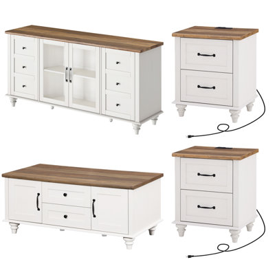 4 Piece Living Room Table Set - Includes Modern Coffee Table With Storage Cabinet, Glass Door TV Stand For 65 Inch TV, Set Of 2 Side End Tables With C