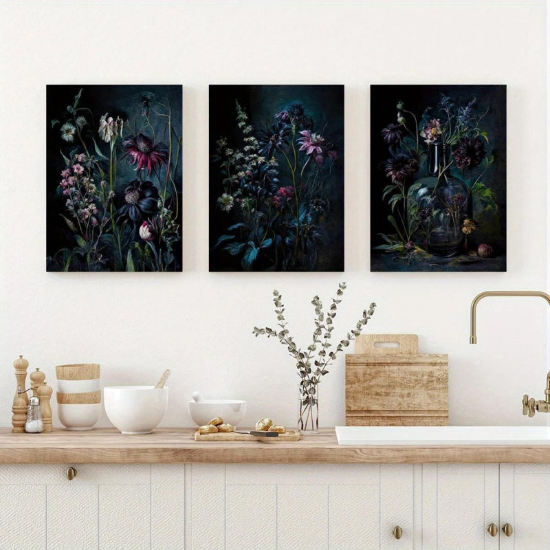 Impression sur toile 3 pièces Moody Gothic Floral - Dramatic Living Space, 30 * 20 pouces 3 pièces