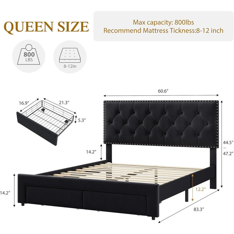 Upholstered Bed Frame with Storage Drawers – Velvet Platform Bed with Tufted Headboard & Rivets – No Box Spring Needed, Queen