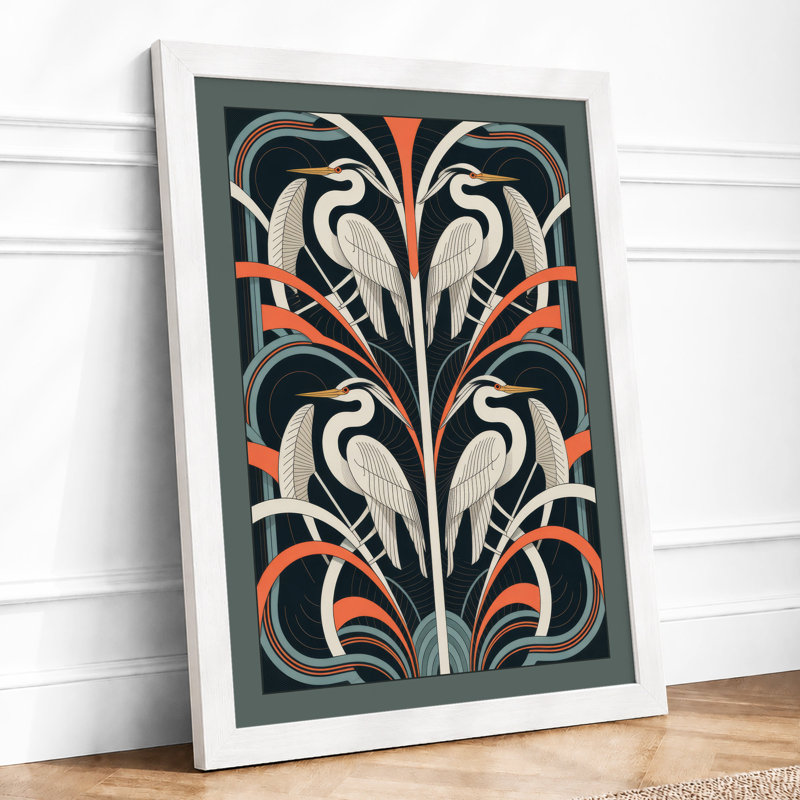 Mirrored Herons in Pattern Art Deco - Framed Print, A3 - 42.0 x 29.7 cm, White