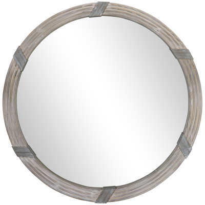 30.75" Wood Wall Mirror, Farmhouse Decorative E Round Mirror For Wall Decor In Living Room, Bedroom Wood