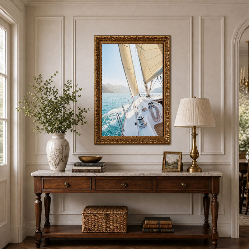 Voilier blanc sur toile d'eau turquoise, H 24 po x l 16 po