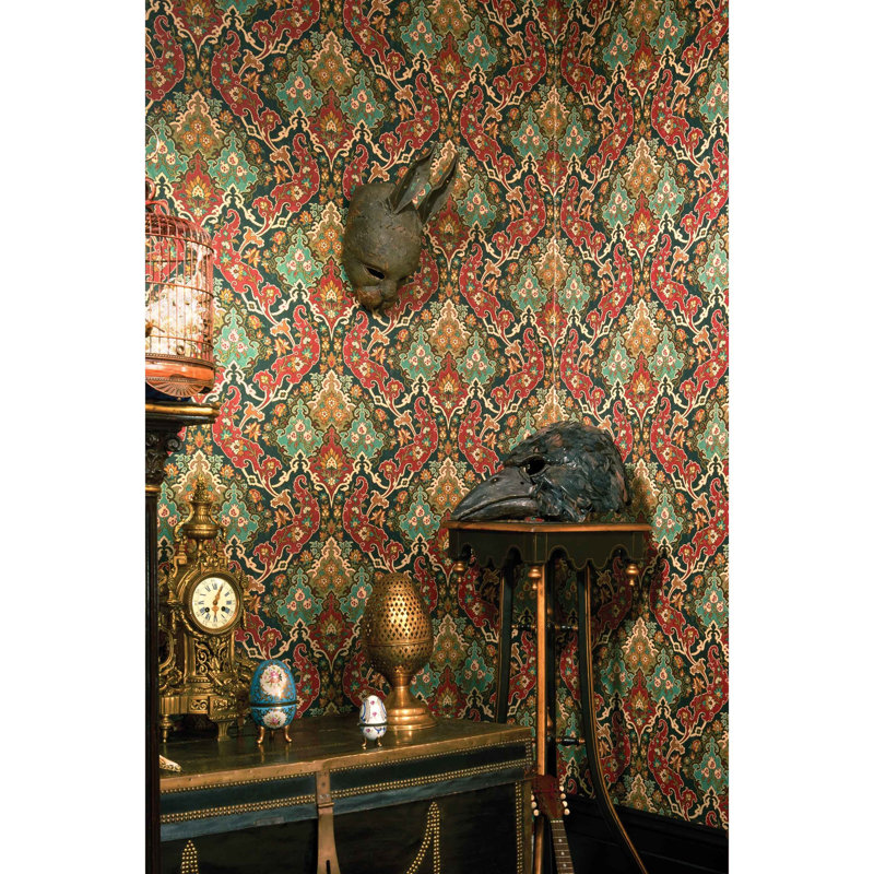 Mariinsky Pushkin Damask Wallpaper Roll, Green/Red/Beige