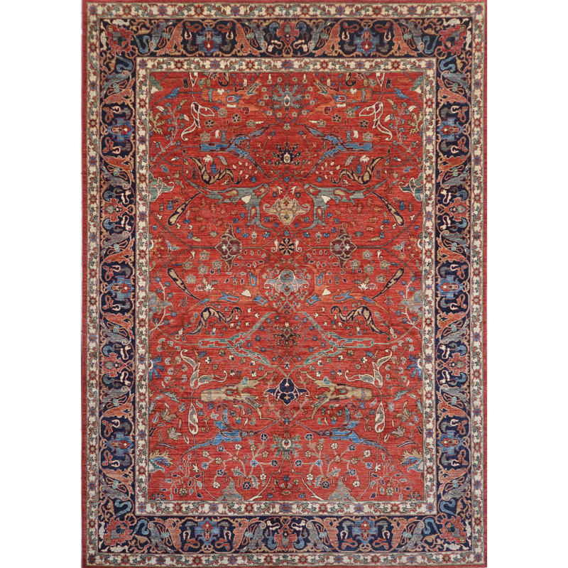 Tapis rouge et bleu marine noué à la main de haute qualité
