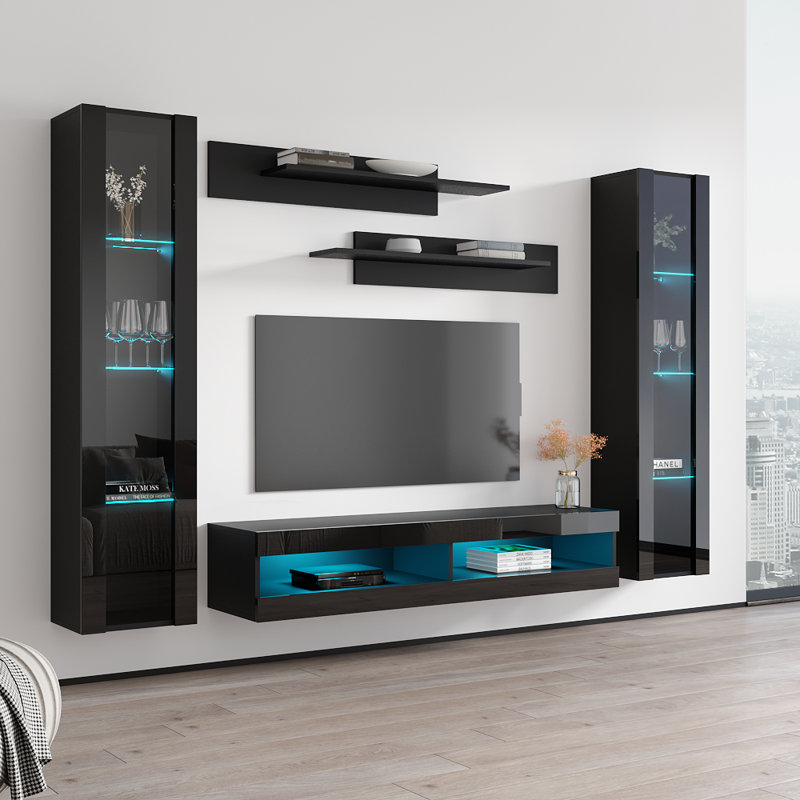 100" Modern Floating Wall Mounted Entertainment Center with 16-Color LED Lighting, High Gloss Finish, Black