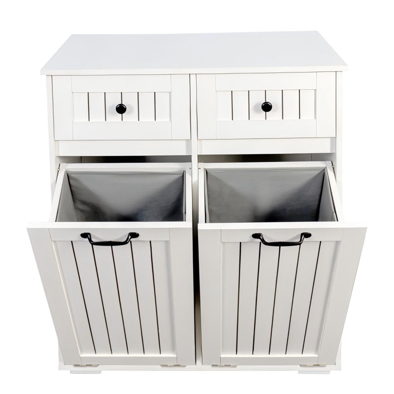 Tilt-Out Dual Laundry Hamper Cabinet With Laundry Storage Basket And Drawers