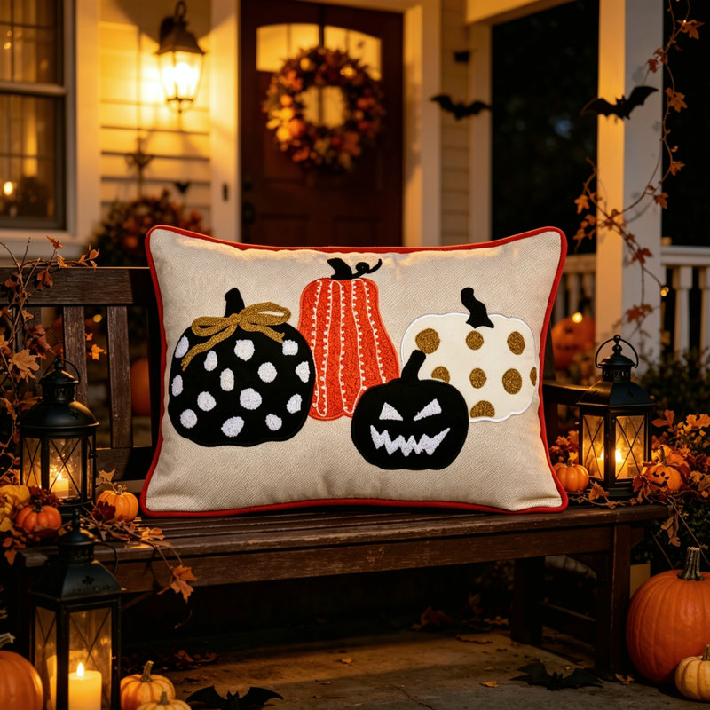 Coussin lombaire 14 po x 20 po avec citrouille d'Halloween et citrouille d'Halloween lombaire brodée à motif citrouille pour canapé