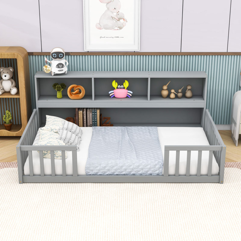 Wooden Floor Bed With Guardrails And Shelves, Twin, Gray