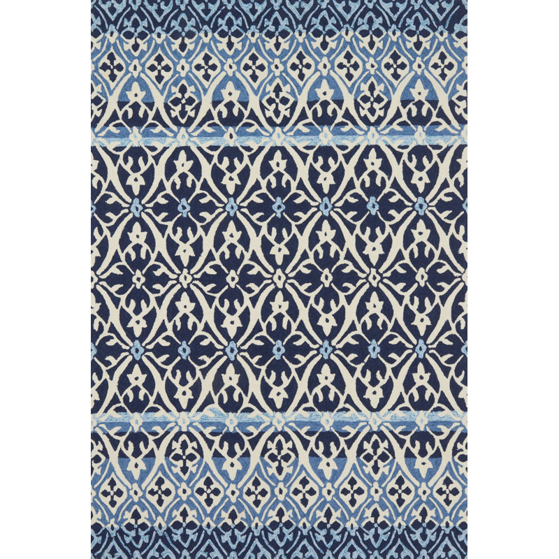 Tapis intérieur/extérieur bleu/ivoire ikat crocheté fait main duvig, Rectangle 5 pi x 7 pi 6 po