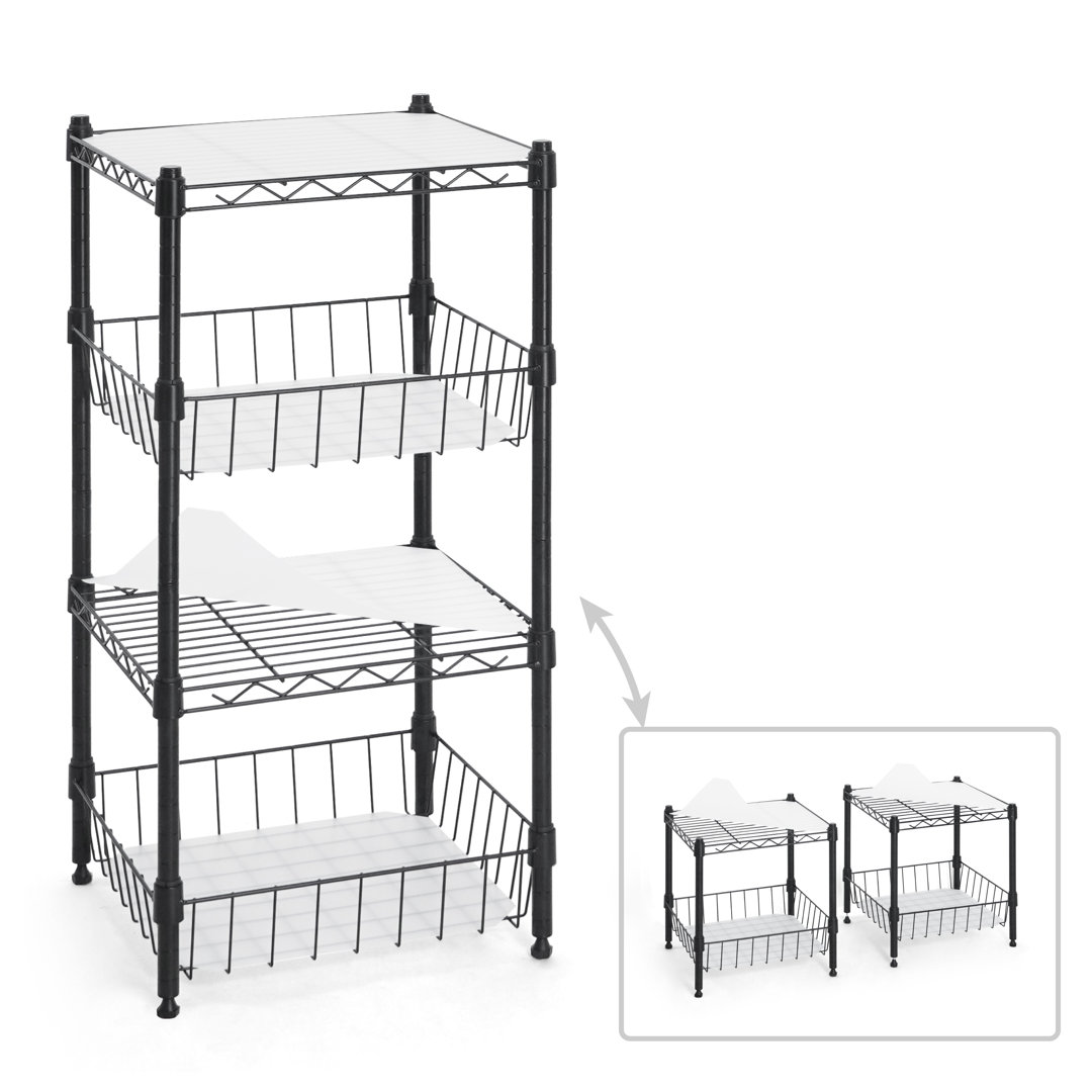 CAPHAUS NSF Adjustable 2 to 4 Tier Stackable Wire Shelving Unit w/ Basket & Liner, Black and Silver CAPHAUS 