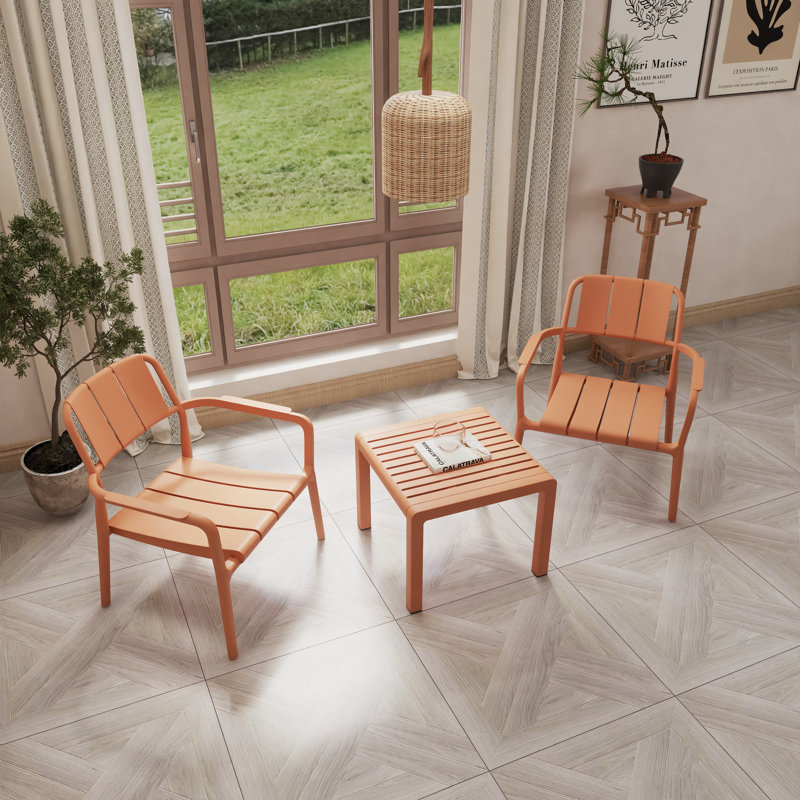 Ensemble de conversation 3 pièces en PP, 2 chaises avec table, meubles polyvalents pour l'intérieur et l'extérieur, Brun