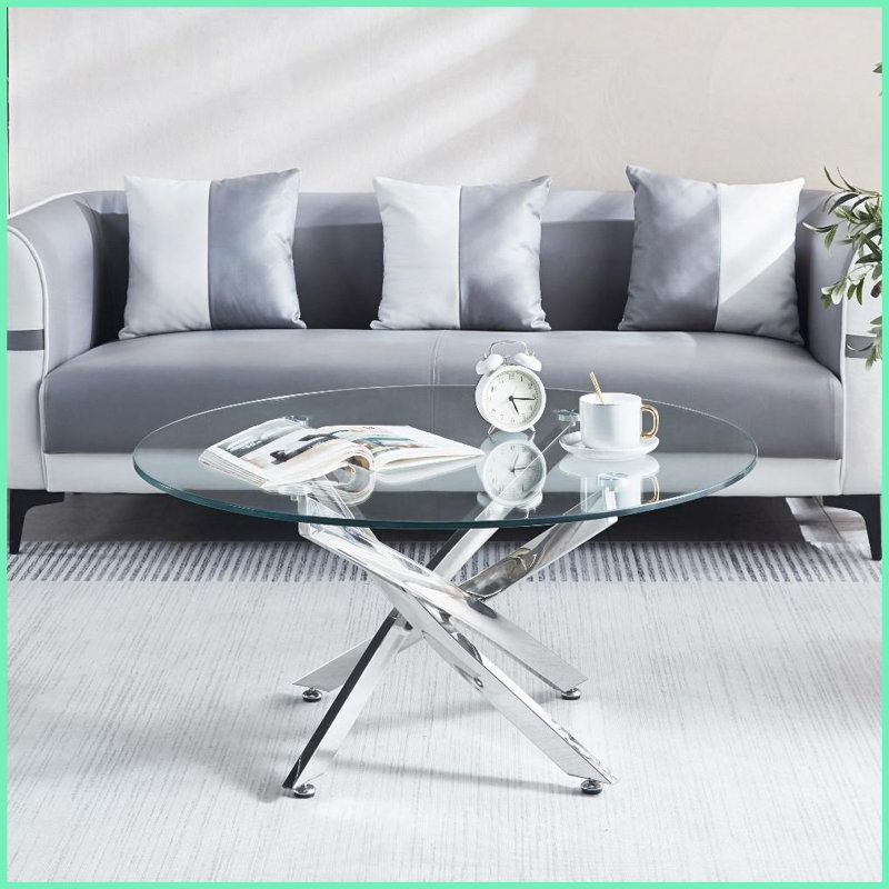 Table basse ronde en verre trempé avec pieds en acier inoxydable, style contemporain pour le salon / la salle à manger, facile à nettoyer et amp; Durable