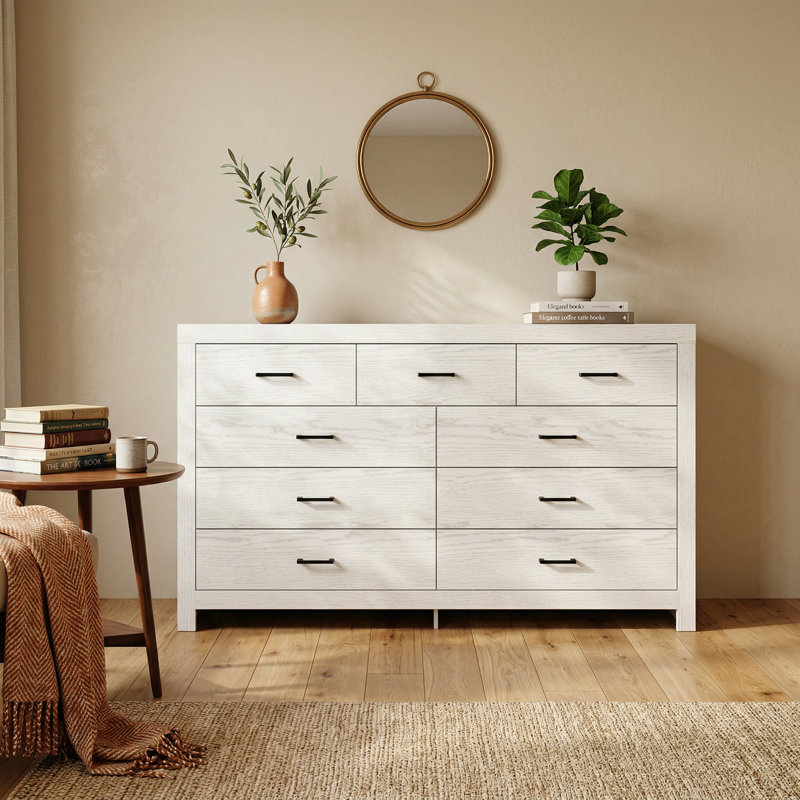 Meuble télé avec 9 tiroirs Ferreby - finition bois, anti-basculement, 2 couleurs, Bois blanc